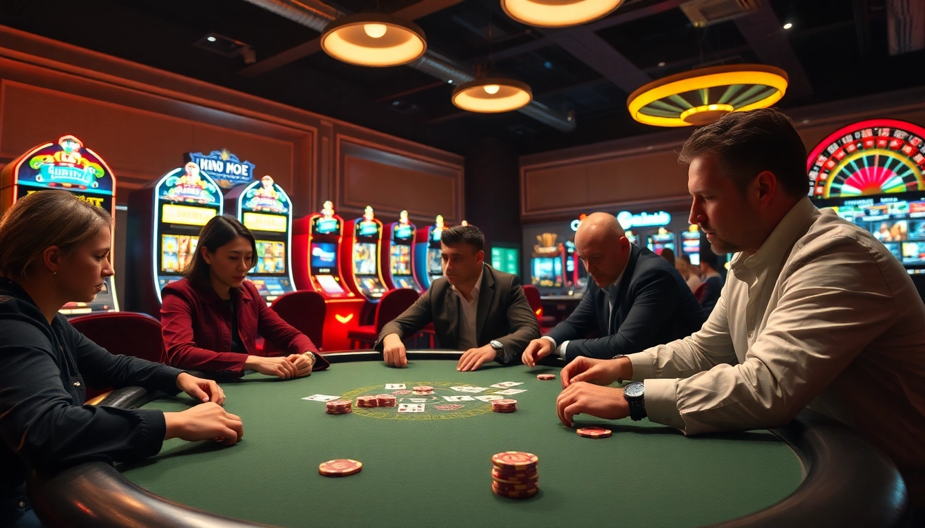 Experience the thrill of poker with nhà cái f168 as players strategize their next move in a vibrant casino setting.