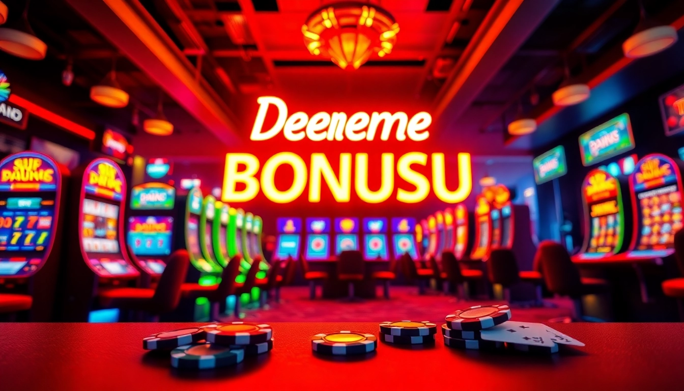 Explore deneme bonusu opportunities against the backdrop of a vibrant casino scene filled with excitement.