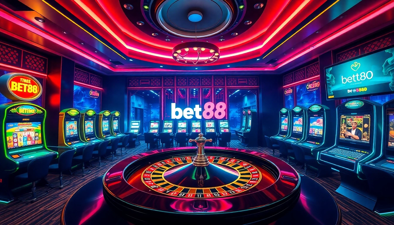 Experience thrilling online gaming with Bet88 at a vibrant digital casino featuring roulette and slots.