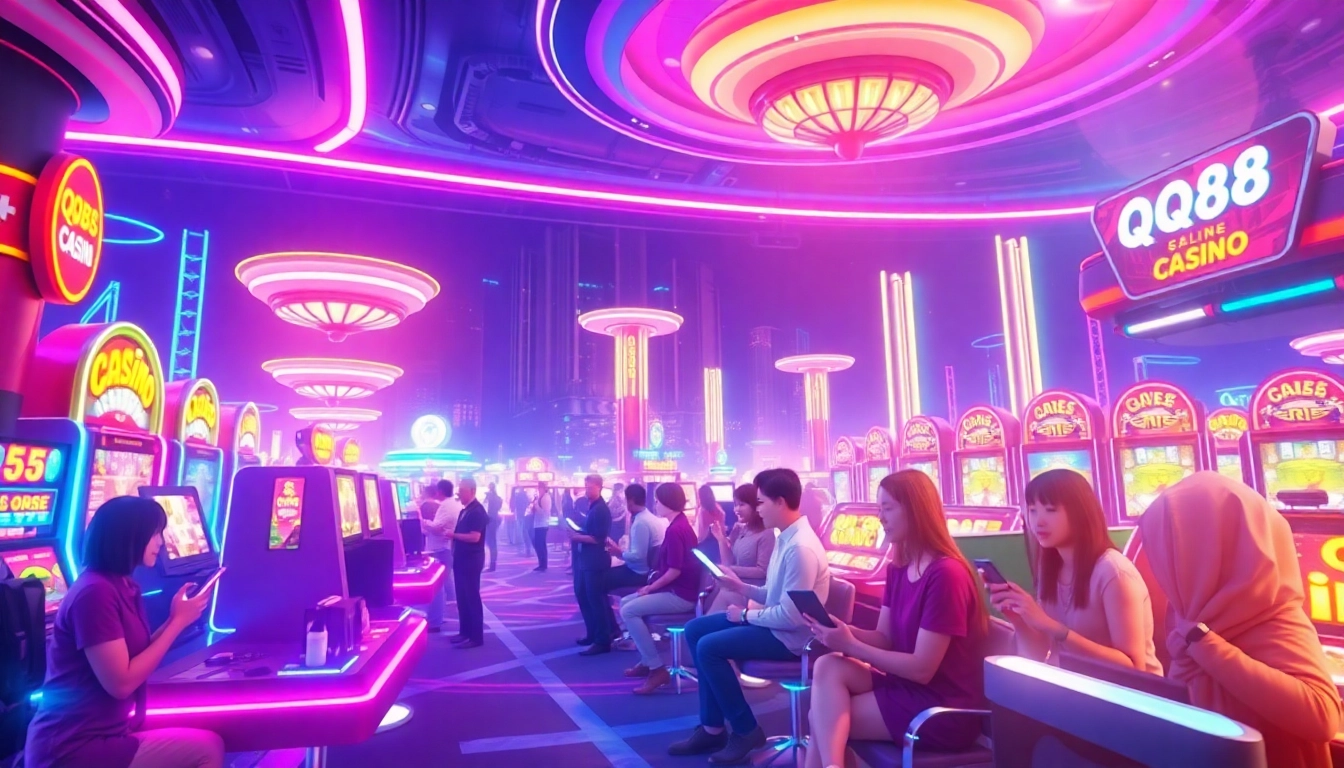Engage with thrilling gaming experiences on QQ88 COM featuring vibrant casino scenes and players.