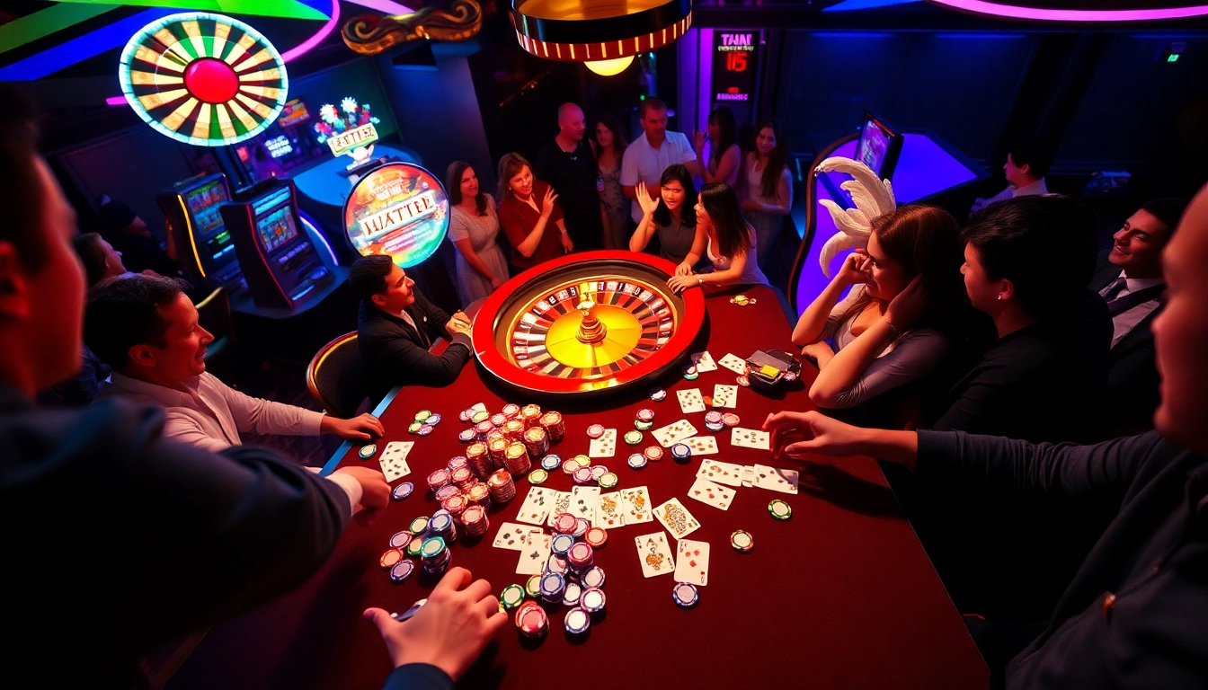 Players strategizing at a hit club poker table amidst vibrant casino excitement.