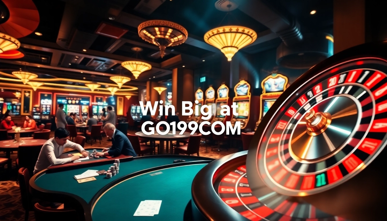 Exciting casino action at a poker table with GO99COM branding promoting online gambling adventures.