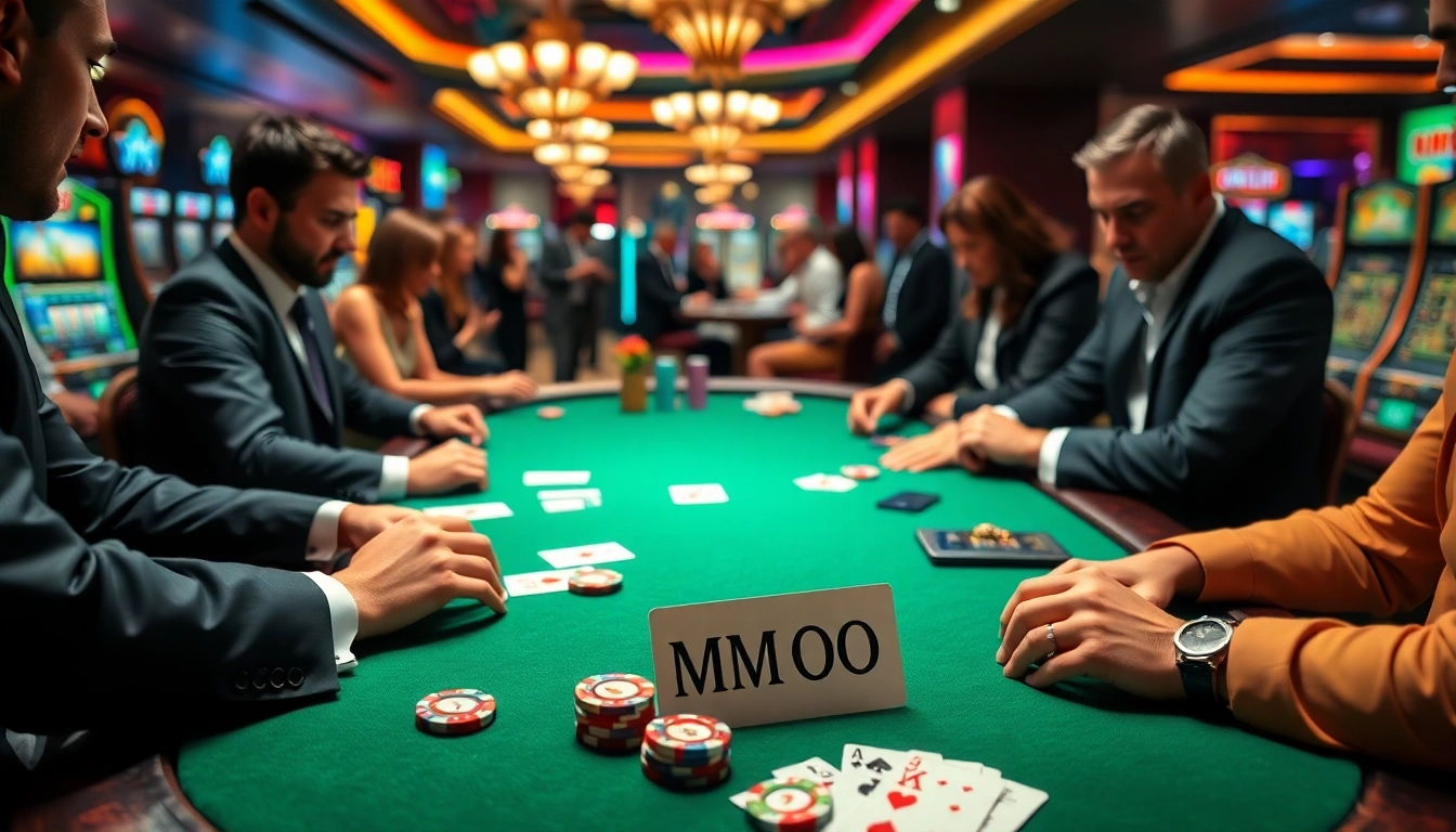 Poker players in a high-stakes game showcasing MM OO excitement with vibrant chips and cards.