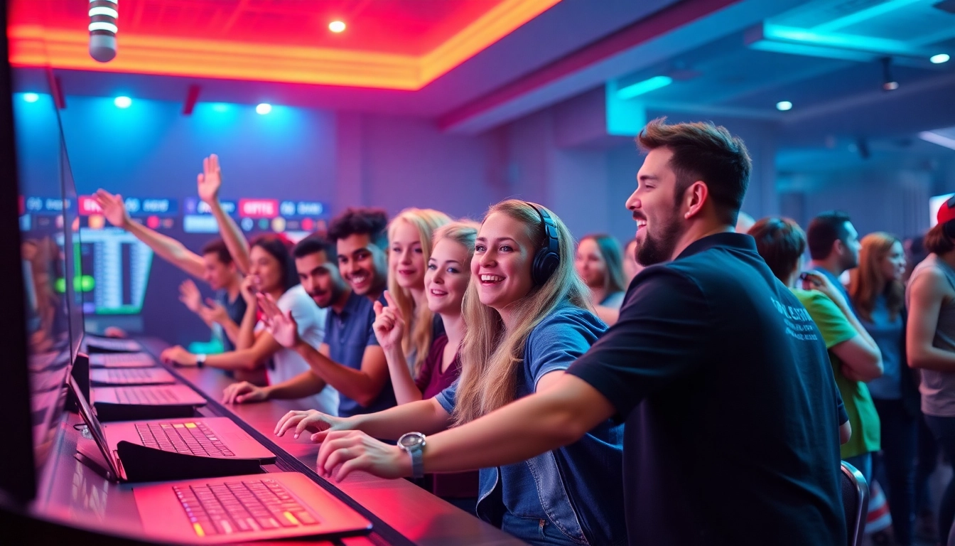 Sports bettors enjoying OK9 THỂ THAO on a sleek betting platform, showcasing excitement and interaction.