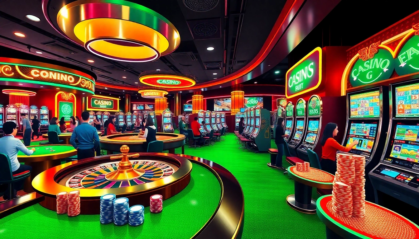 Experience the excitement of game bài đổi thưởng at a bustling casino featuring diverse gaming tables and vibrant patrons.