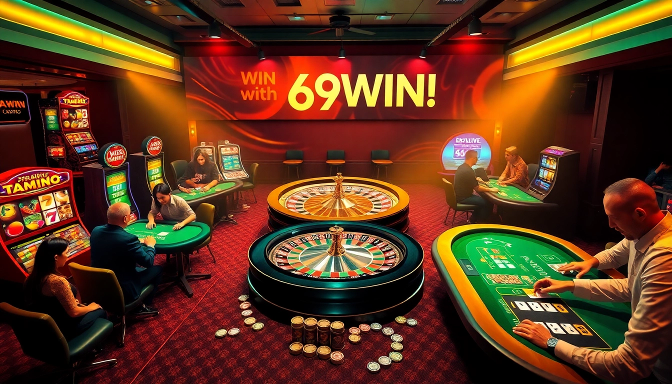 The excitement of 69WIN gaming flourishes in a vibrant casino atmosphere filled with roulette, poker, and slots.