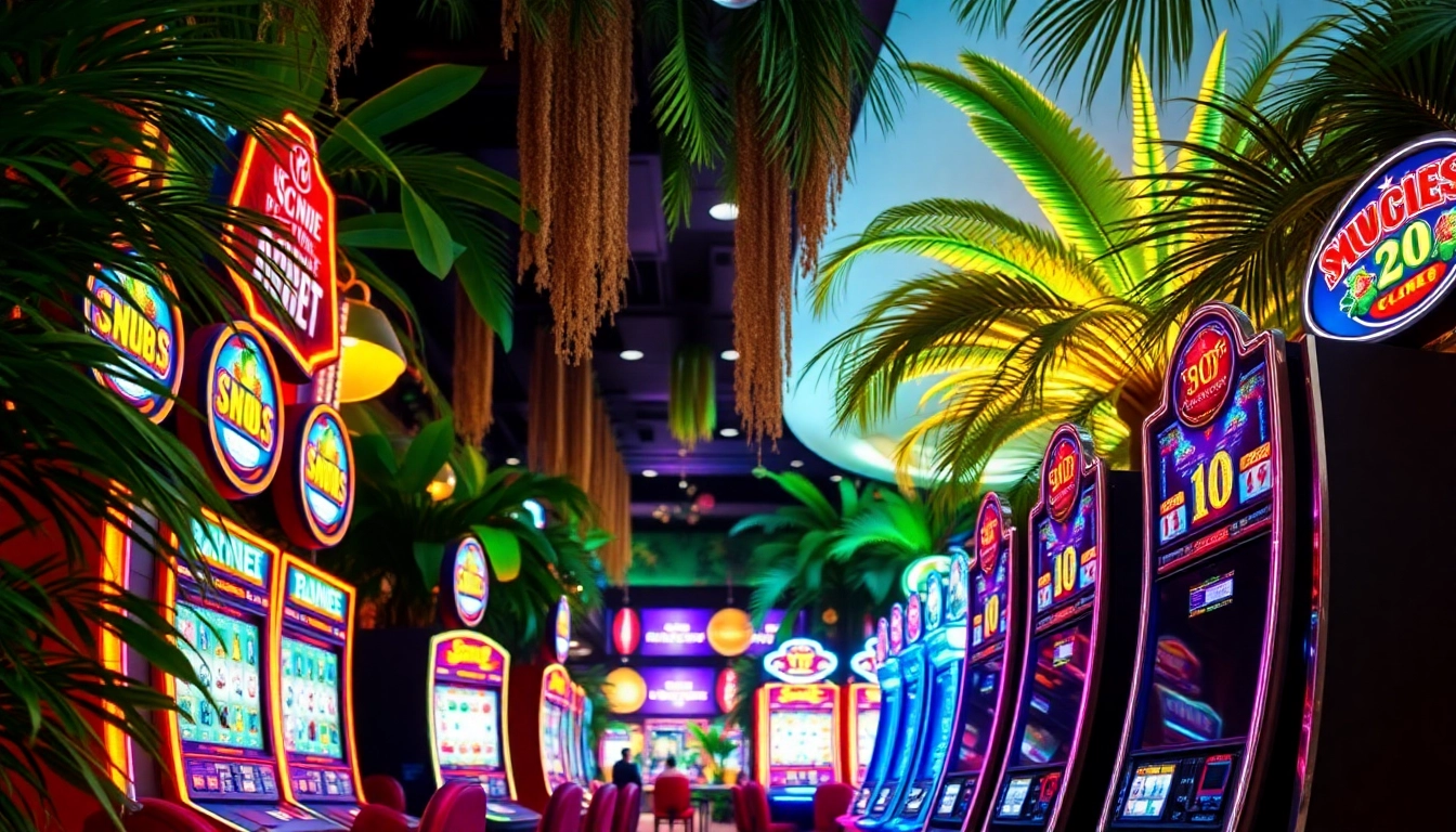 Experience the thrill of Lucky Jungle with interactive slot machines surrounded by lush jungle decor.